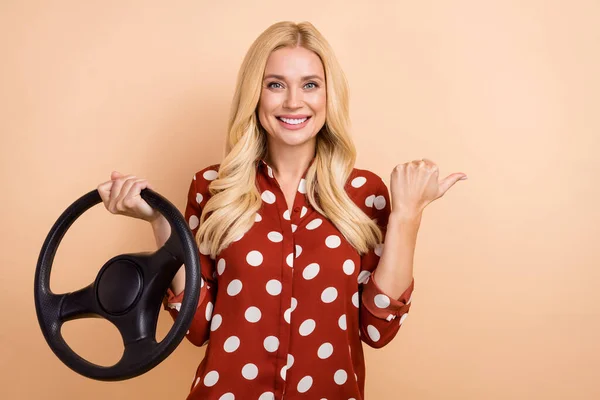 Photo Pretty Positive Person Toothy Smile Arm Hold Wheel Direct — Stock Photo, Image