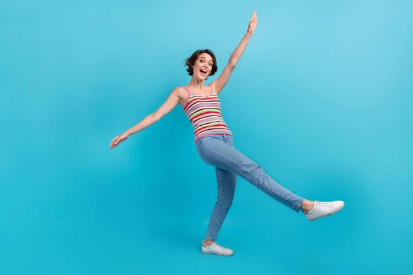 Full Size Photo Cheerful Overjoyed Girl Enjoy Dancing Partying Good — Stock Photo, Image
