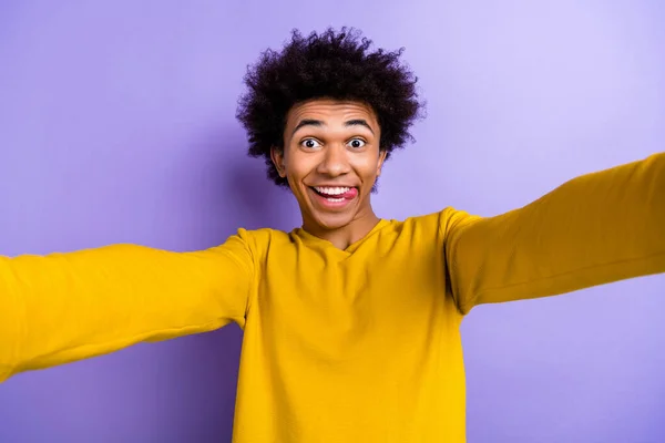 Portrait Carefree Overjoyed Person Take Selfie Toothy Smile Bite Tongue — Stock Photo, Image