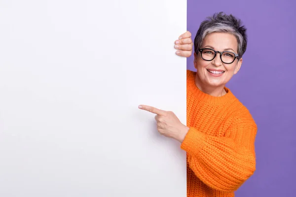 Photo Shiny Pretty Lady Wear Knitted Pullover Spectacles Pointing Poster — Stock Photo, Image
