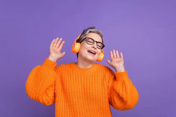 Photo Sweet Dreamy Lady Wear Knitted Pullover Spectacles Enjoying Music — Stock Photo, Image