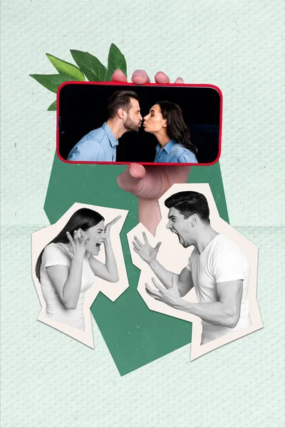 Collage Photo Two Young Lovers Kiss Boyfriend Kiss His Girl — Stock Photo, Image