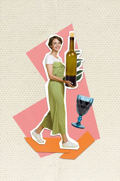 Fotobanner Plakatwand Vorlage Collage Von Jungen Frau Hält Glasflasche Alkohol — Stockfoto