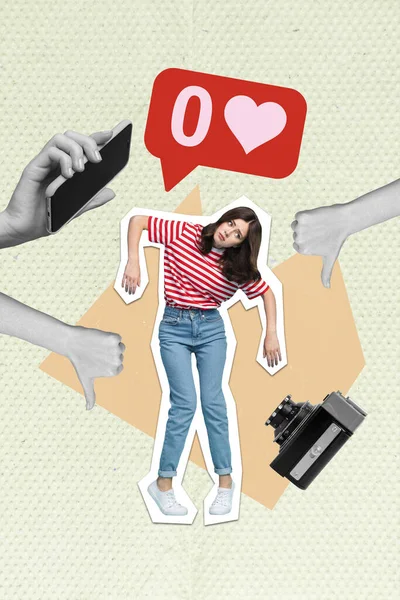 Collage Template Illustration Upset Young Girl Slavery Depressed Unpopular Thumbs — Stock Photo, Image