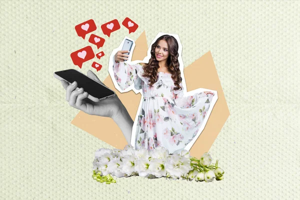 Komposit Collage Illustration Porträtt Flicka Skytte Inspelning Selfie Video Kamera — Stockfoto