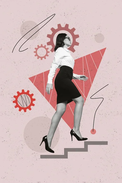 Pionowy Kolaż Obraz Czarny Biały Efekt Elegancki Lady Spacer Schody — Zdjęcie stockowe