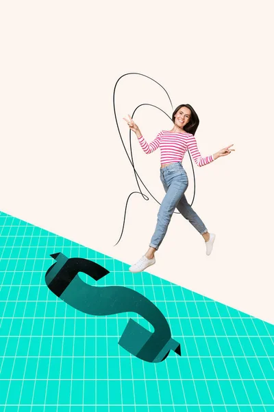青年友好型商务女士跳跃跑的垂直组合设计拼贴在绘图背景上显示出巨大的进展 — 图库照片