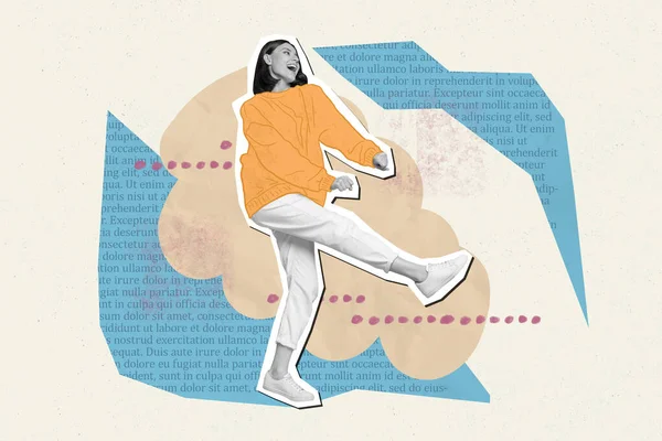 Kolaż Grafika Reklama Nowe Ubrania Promocja Marka Taniec Funky Dziewczyna — Zdjęcie stockowe
