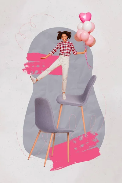 Collage Miniatura Mujer Joven Celebrar Cumpleaños Pie Sillas Equilibrio Altura —  Fotos de Stock