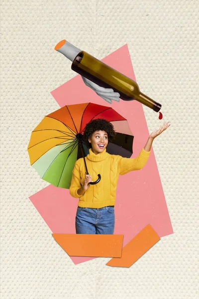 Creative Collage Artwork Funny Young Girl Holding Umbrella Wine Bottle — Stock Photo, Image