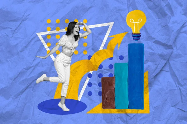 Collage Ilustración Mujer Joven Divertida Búsqueda Startup Idea Innovación Eureka — Foto de Stock