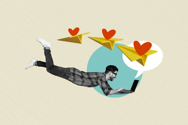 Illustration Sketch Collage Funky Excited Guy Levitate Air Use Netbook — Zdjęcie stockowe