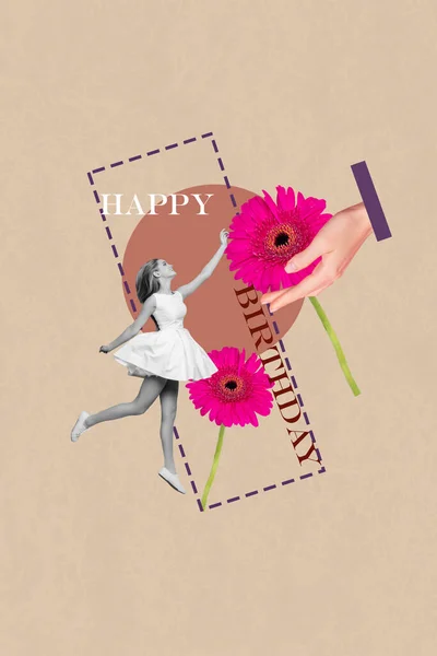 Foto Collage Postkarte Glückwünsche Zum Geburtstag Attraktive Frau Springen Erhalten — Stockfoto