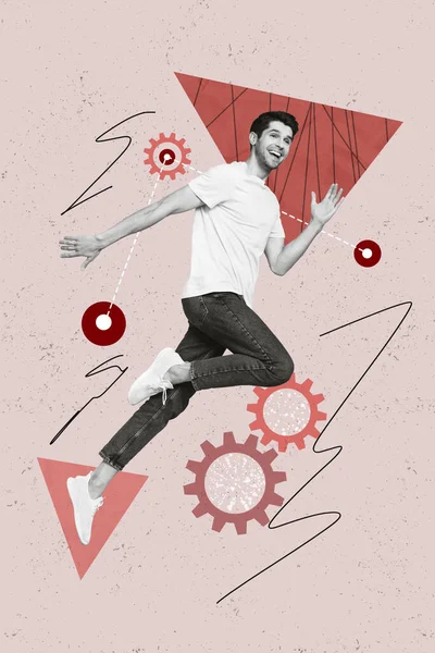 Vertical Illustration Artwork Collage Funny Running Engineer Guy Create Mechanism — Stock Photo, Image