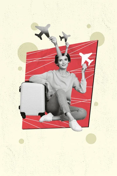 Ganzkörper Foto Collage Von Sitzenden Jungen Netten Dame Hält Papierflugzeuge — Stockfoto
