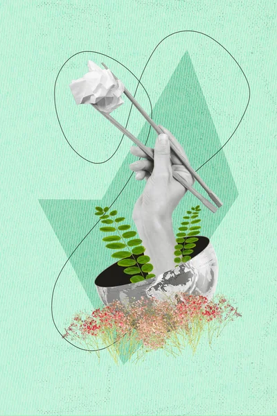 Artwork Magazine Collage Picture Arms Holding Chopsticks Cleaning Nature Isolated — Stock Photo, Image