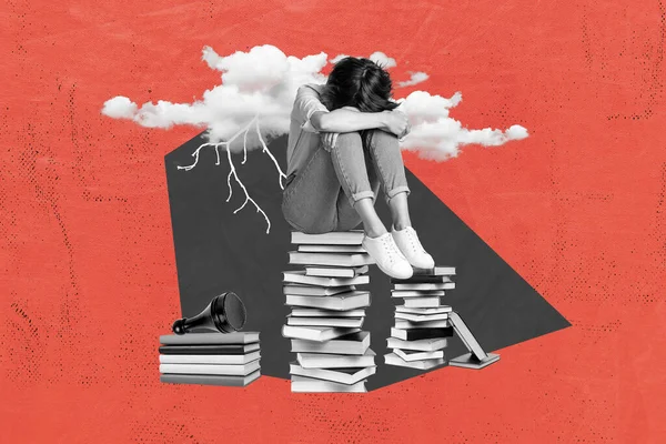Creative Magazine Collage Image Exhausted Upset Lady Tired Education Isolated — Stock Photo, Image