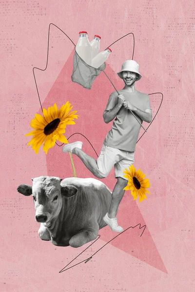 Collage Poster Artwork Magazine Van Gelukkig Lachende Man Houden Visnet — Stockfoto