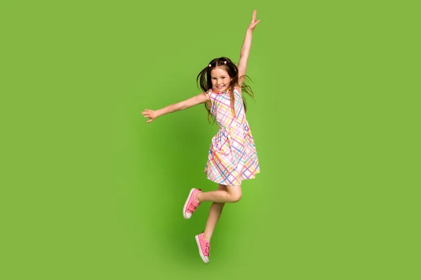 Full Length Photo Cheerful Crazy Energetic Girl Dressed Trendy Clothes — Stock Photo, Image