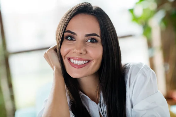 Portrait Adorable Satisfied Cheerful Girl Beaming Smile Arm Touch Cheekbone — Stock Photo, Image