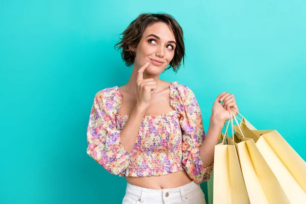 Portrait Minded Girl Dressed Flower Print Blouse Hold Shopping Bags — Stock Photo, Image