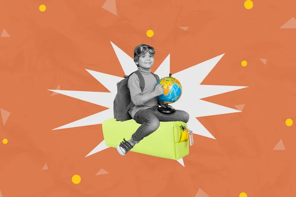 皮纳普流行复古素描形象滑稽笑容满面的小学生拿着地球仪坐着铅笔盒孤立的橙色背景 — 图库照片