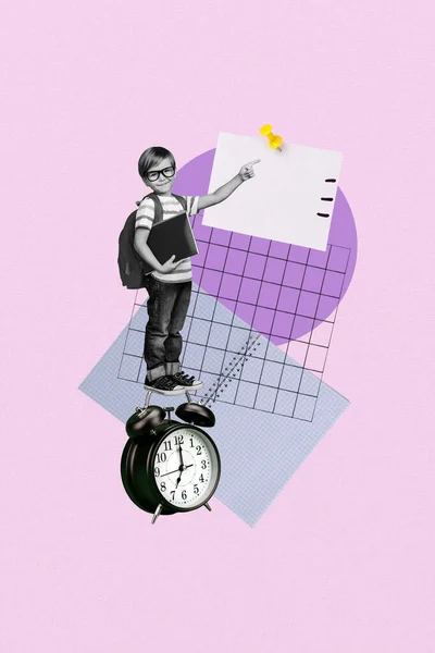Photo collage artwork minimal picture of smart clever small schoolkid showing lessons timetable isolated purple color background.