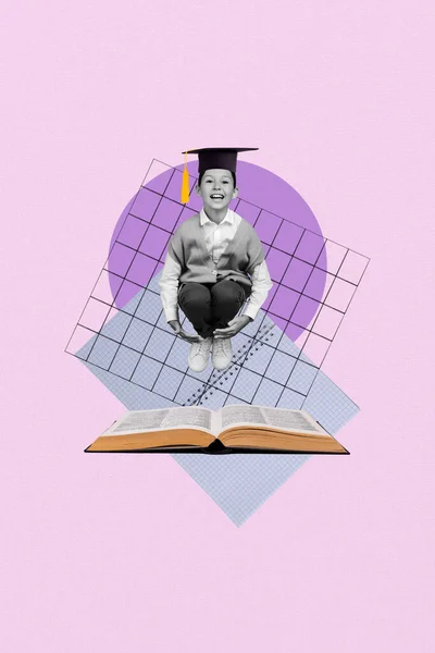 Imagem Colagem Esboço Exclusivo Engraçado Sorrindo Pouco Estudante Saltando Livro — Fotografia de Stock