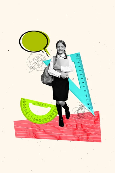 Samengestelde Collage Van Grappige Jonge Schoolmeisje Knuffelt Haar Boeken Praten — Stockfoto