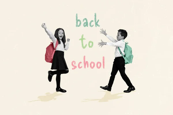 Colagem Dois Colegas Classe Crianças Volta Escola Setembro Outono Conhecimento — Fotografia de Stock