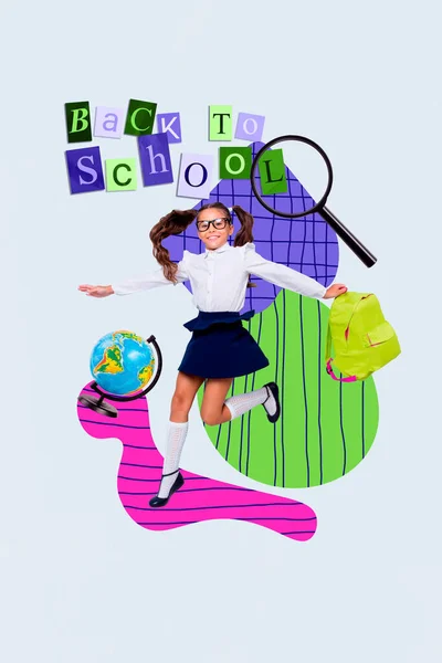 Pionowe Kolaż Funky Podekscytowany Mini Dziewczyna Skoki Trzymać Plecak Planeta — Zdjęcie stockowe