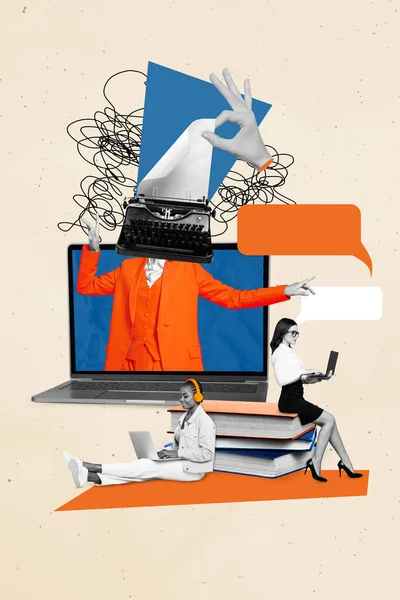 Två Kollegor Collage Illustration Bild Två Kvinnor Skapa Litteratur Laptop — Stockfoto