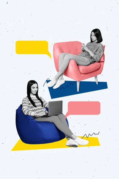 Vertikale Bild Collage Kunstwerk Von Zwei Freunden Mädchen Sitzen Stuhl — Stockfoto
