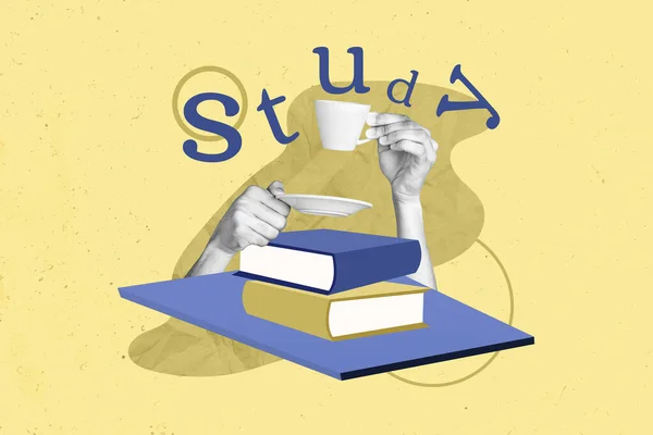 黄色の背景に隔離された学校図書館のスタックブックに戻ってエレガントなカップコーヒーの勉強時間を保持する手のコラージュイラスト — ストック写真