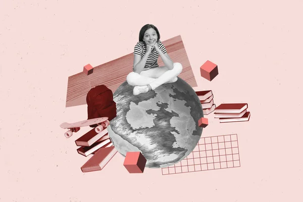坐在地球上的黑白效应女孩的艺术形象 全球堆栈书包滑板在创造性背景下被隔离 — 图库照片