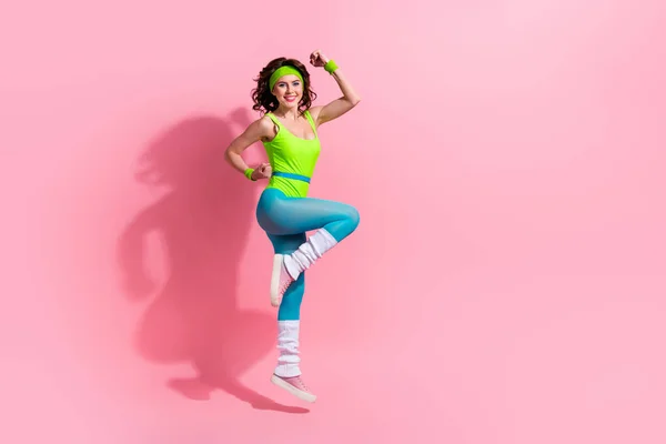 stock image Photo of strong lady sportive rtrainer jumping raise hands up biceps after body building practice isolated pastel color background.