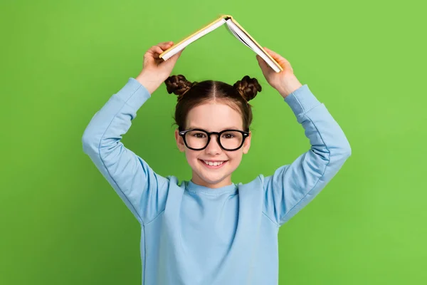 Portrait Positive Small Girl Brown Hair Wear Blue Sweatshirt Eyewear — Stock Photo, Image