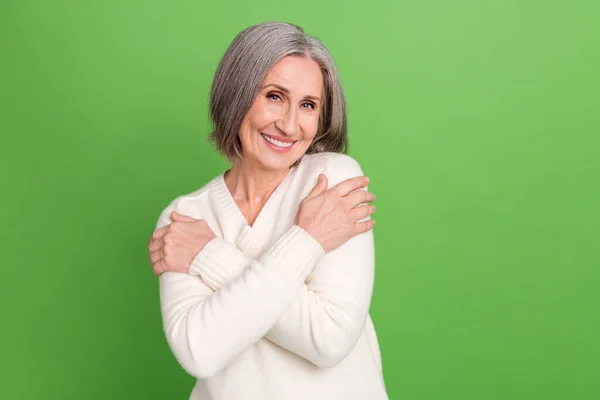 Photo Pensioner Old Mature Age Woman Grey Hair Embracing Herself — Stock Photo, Image