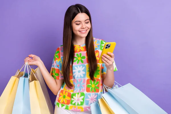 Photo Portrait Lovely Teenager Lady Hold Telephone Shopping Bags Wear — Stock Photo, Image