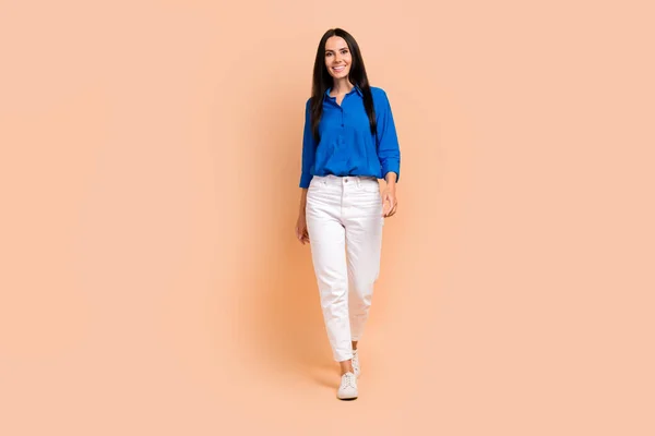 Plná Délka Fotografie Krásné Hezká Dáma Oblečený Modrý Stylový Outfit — Stock fotografie