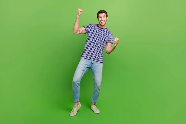 Full Length Photo Lucky Positive Guy Wear Striped Shirt Screaming — Stock Photo, Image