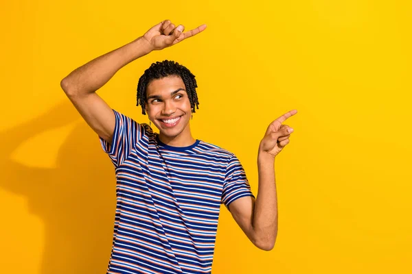 Portrait Optimistic Man Piercing Wear Stylish Shirt Look Directing Promo — Stock Photo, Image