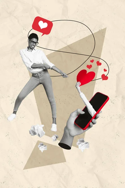Collage Image Pinup Pop Retro Sketch Addicted Device User Trying — Stock Photo, Image