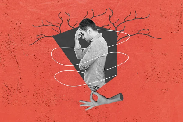 Schets Collage Foto Van Gestresste Depressieve Man Gevoel Eenzaam Geïsoleerde — Stockfoto