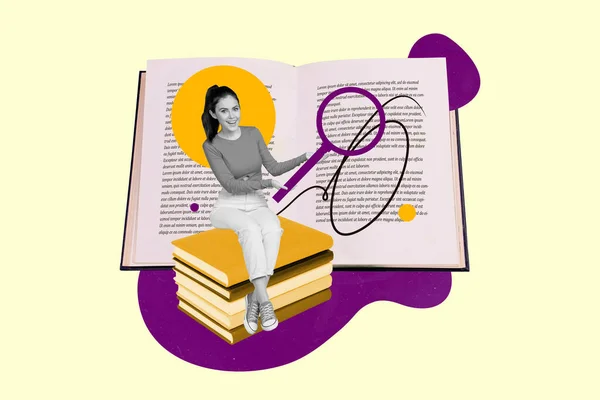 Poster Bild Skizze Von Fröhlichen Mädchen Sitzen Stapelweise Bücher Halten — Stockfoto