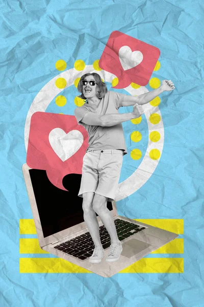 Heyecanlı Mutlu Adam Hipster Kolaj Posteri Kablosuz Kitabında Ayakta Duruyor — Stok fotoğraf