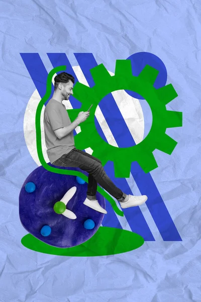 Творческий Плакат Коллаж Молодого Человека Бизнесмена Сидящего Стальных Часах Рулевым — стоковое фото