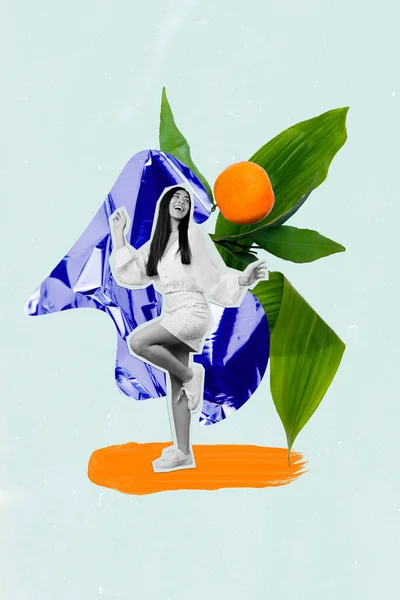 Вертикальна Композиція Колаж Апельсинових Фруктів Літо Фанк Дівчина Танцює Гарний — стокове фото