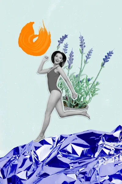 Vertical Ilustração Colagem Menina Funky Correndo Verão Biquíni Biquíni Oceano — Fotografia de Stock