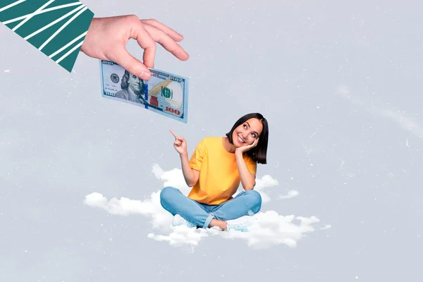 Słodkie Młody Biznes Lady Siedzi Marzycielski Chmury Wskazując Palec Banknot — Zdjęcie stockowe
